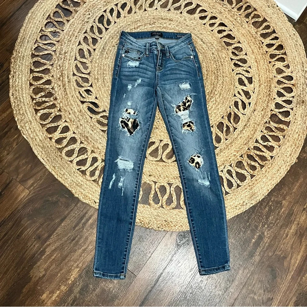 Judy Blue Jeans Womens 0/24 Blue Skinny Leopard Distressed Stretch Denim Jeans